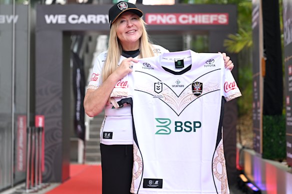 PNG Chiefs chief executive Lorna McPherson shows off the team’s jersey.