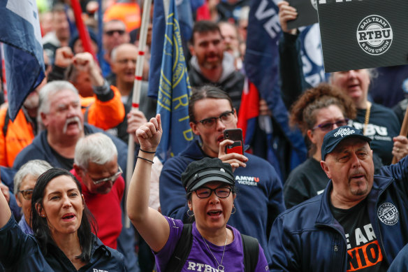 Rail, Tram and Bus Union members rally in the city.
