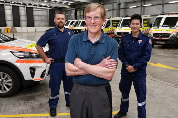 Ron Gallagher's heart was shocked back to life by a defibrillator at a Sydney gym while intensive care paramedics Evan Baker and Tim Leong from NSW Ambulance's Artarmon station raced to the scene to get him to hospital. 