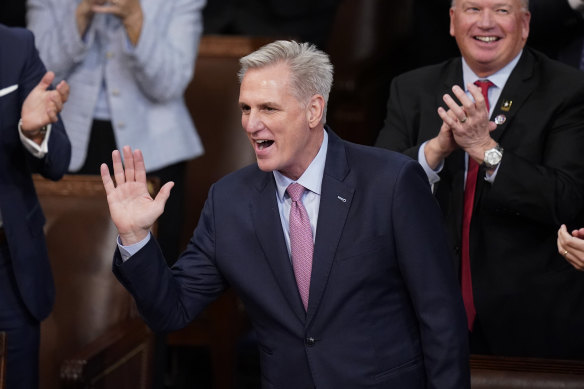 Republican Kevin McCarthy reacts after being finally elected, after three days of voting.
