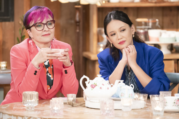 Cal Wilson and Natalie Tran on set during the 2023 season of The Great Australian Bake Off.