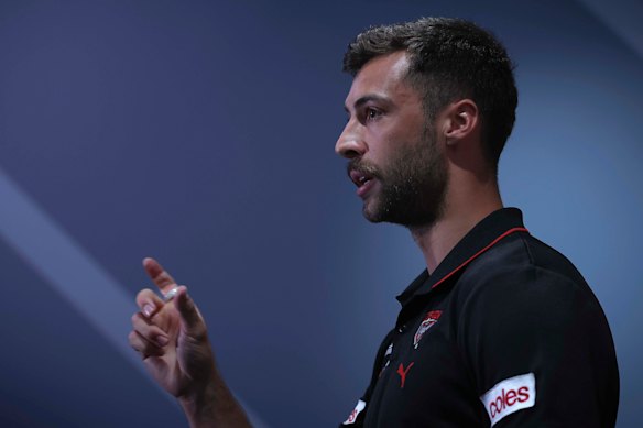 Essendon’s Kyle Langford faces the media.