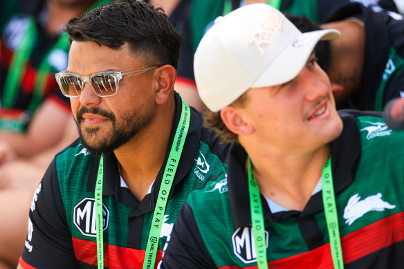 Injured Rabbitohs star Latrell Mitchell looks on at Mudgee.