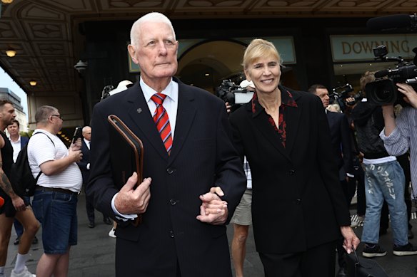 Parents Len and Sue Roberts-Smith leave the Downing Centre after the former soldier was granted bail.
