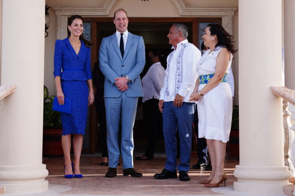 The Duchess of Cambridge chose royal blue for her first tour outfit which echoes the dominant colour of the Belize flag.