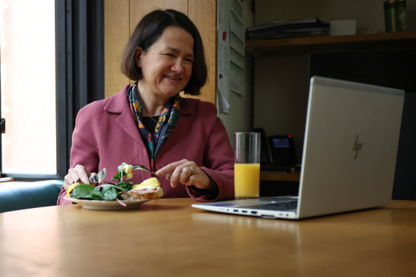 Sydney born and bred British MP Catherine West eats eggs Florentine in her London office.