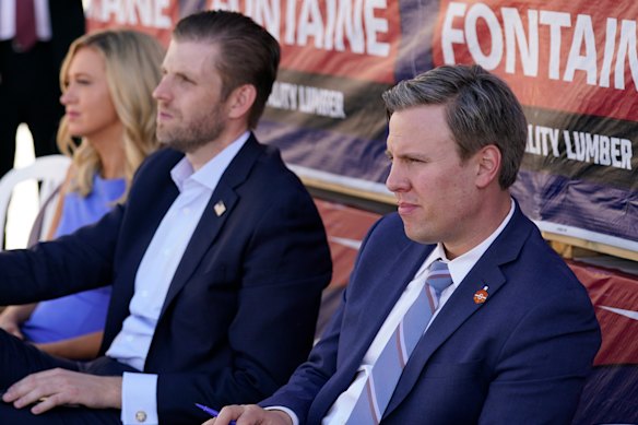 Donald Trump's 2020 presidential campaign manager Bill Stepien (right), with White House press secretary Kayleigh McEnany, and Eric Trump, son of President Donald Trump, during a campaign event in August. 