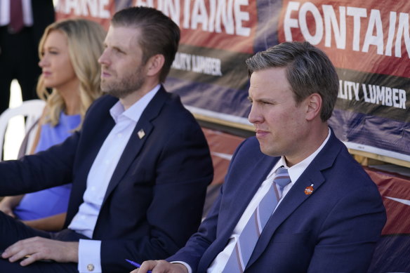 Donald Trump's 2020 presidential campaign manager Bill Stepien (right), with White House press secretary Kayleigh McEnany, and Eric Trump, son of President Donald Trump, during a campaign event in August. 
