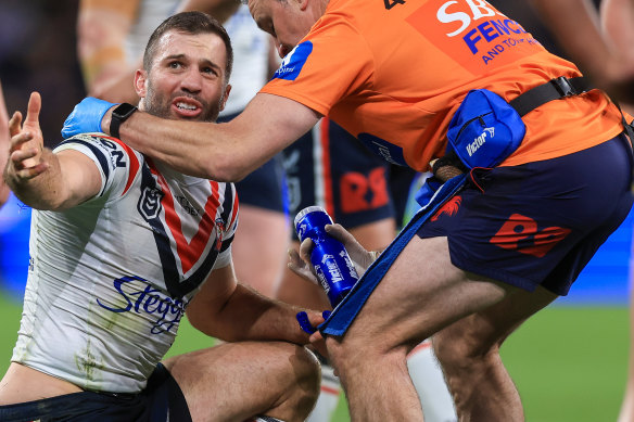 James Tedesco reacts after being collected high by Maika Sivo on Friday night.