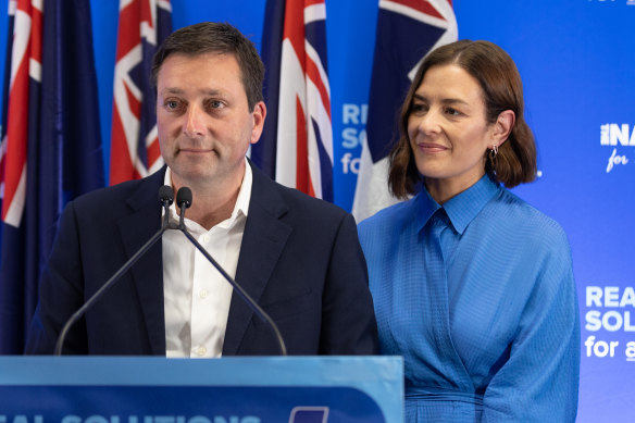 Matthew Guy, with wife Renae, conceding defeat on election night in November.