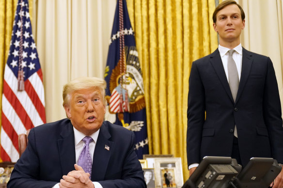 Donald Trump and Jared Kushner in 2020 announcing that the United Arab Emirates and Israel had agreed to establish full diplomatic ties.