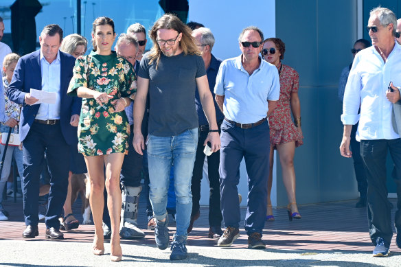 WA Premier Mark McGowan, actor Kate Walsh, entertainer Tim Minchin, Howard Cearns, and Adrian Fini in Fremantle for the announcement of an $100 million film studio at Victoria Quay.