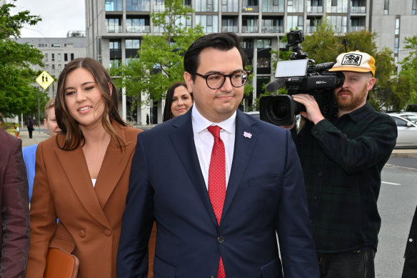 Former Liberal Party staffer Brittany Higgins and partner David Sharaz arriving at the ACT Supreme Court during the October 2022 trial. 