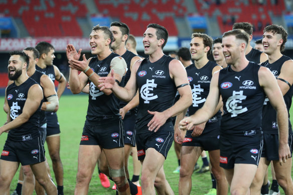 Good times: The Blues celebrate their round six win over the Bulldogs but can they handle Port Adelaide this weekend? 