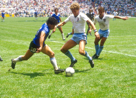 Maradona takes on England's Terry Butcher and Kenny Sansom in the 1986 FIFA World Cup quarter final.