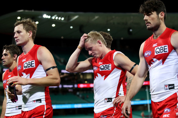 The dejected Swans trudge off after their narrow loss to Essendon at the SCG on Sunday.