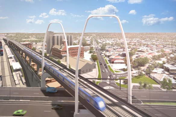An artist’s impression of a new bridge over the Maribyrnong River, to be built as part of the Melbourne Airport Rail project.