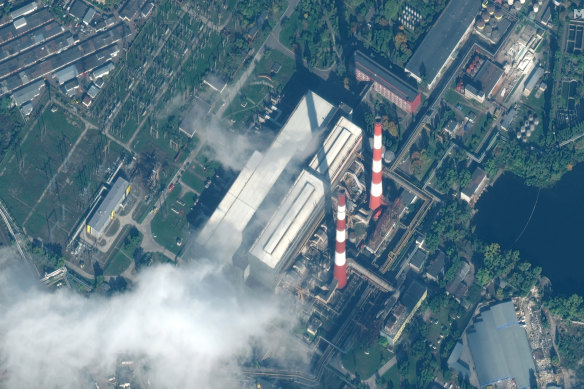 A satellite photo of damage to a power station in Kyiv, Ukraine.