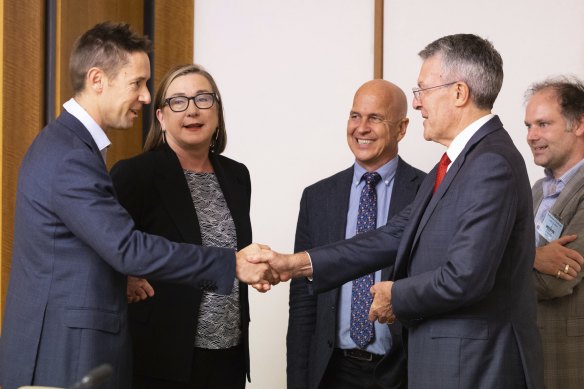 Nine’s managing director of Publishing, James Chessell (left), Guardian Australia editor Lenore Taylor, Peter Greste from the Alliance for Journalists’ Freedom, Attorney-General Mark Dreyfus,  and Schwartz Media’s Erik Jensen before the press freedom summit meeting in February.