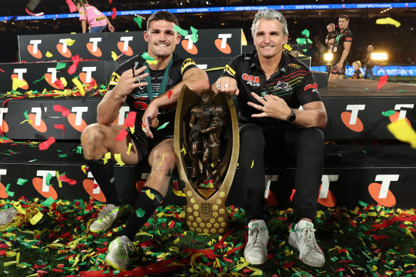 Nathan and Ivan Cleary with the Provan-Summons trophy.