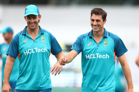 Mitch Marsh and Pat Cummins at a training session last summer.