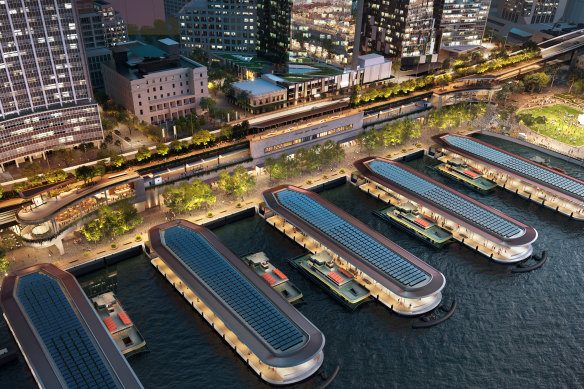 Artist impression of redesigned ferry wharves and Cahill Walk at Circular Quay under the government’s scheme.