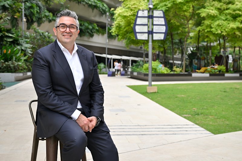 Mind the jets: Lombardo’s Financial Review picture shoot at Paya Lebar Quarter was punctuated by the sound of military planes landing overhead.