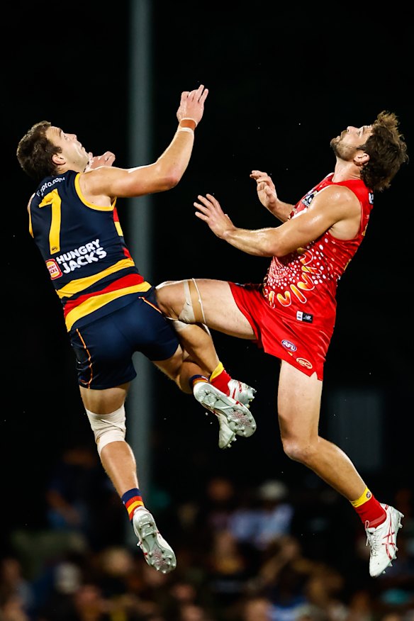 Adelaide’s Riley Thilthorpe and Levi Casboult compete in the ruck.