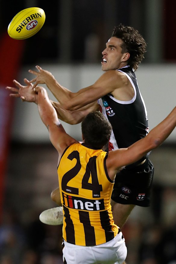 Ruck royalty: St Kilda's Max King goes up against Hawthorn's Ben Stratton.