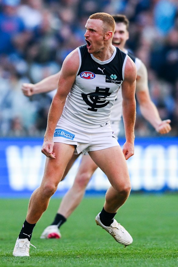 Matthew Cottrell makes his feelings clear after converting his late goal.