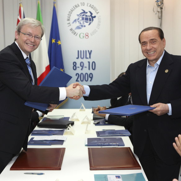 Rudd with Silvio Berlusconi … the Italian leader once offered to lend the then PM a yacht.