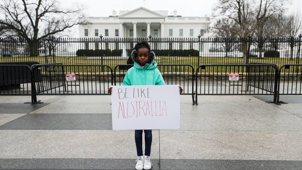 Makenzie Hymes, 13, from Virginia, calls for gun law reform during a protest at the White House following the Florida school shooting.