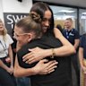 Meghan, pictured here at Swinburne University in Melbourne on Thursday, has had just as much of a warm reception in Australia as her husband.