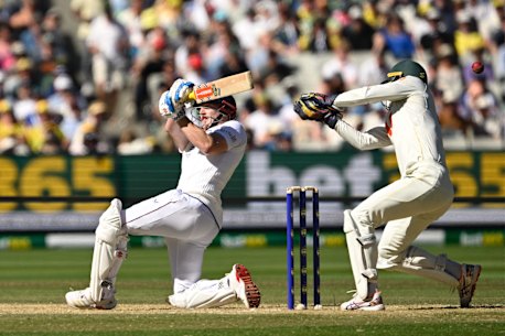 Harry Brook takes a swing as England chase down Australia’s total.