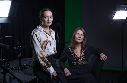 Enough podcast co-hosts Sophie Aubrey and Jewel Topsfield in the studio.