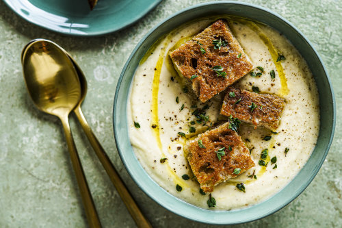 Cauliflower, thyme and potato soup with cheesy mustard croutons.