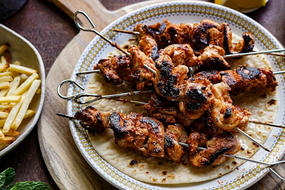 Serving suggestion: Chicken shish with flatbread, hot chips, yoghurt and mint.