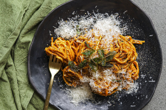 This smooth pumpkin sauce clings to any long pasta shape.