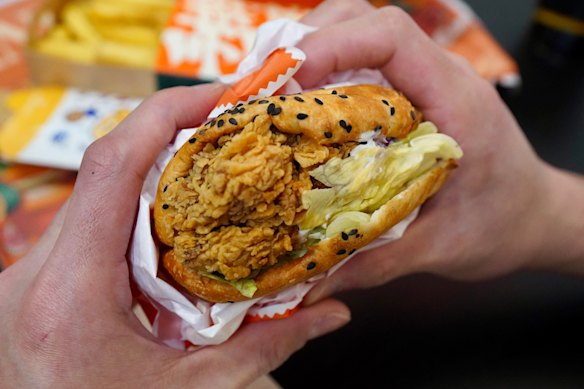 Hanbaobao’s spicy chicken burger is served on a hand-rolled sesame seed bun.