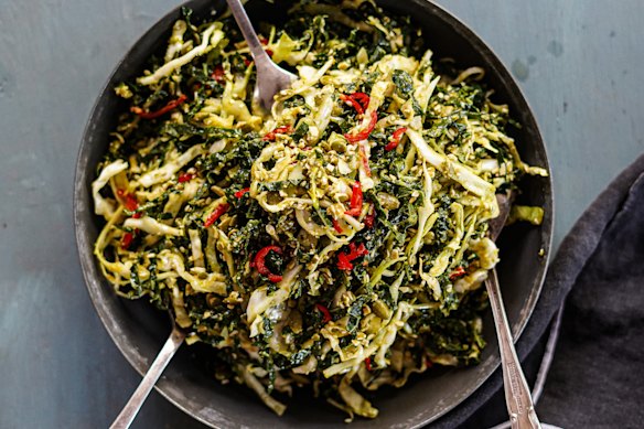 Katrina Meynink’s cabbage and kale slaw with chilli, yeast and seed dressing.