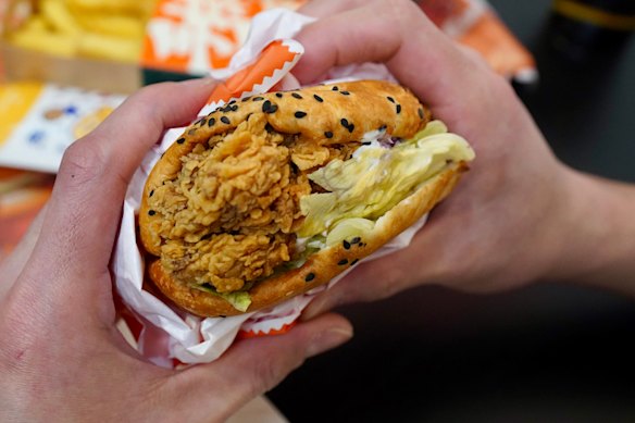 Hanbaobao’s spicy chicken burger is only $7.90.