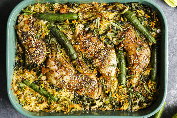 Spring chicken traybake with baby zucchini nestled in risoni.