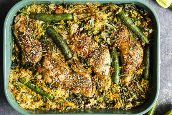 Spring chicken traybake with baby zucchini nestled in risoni.