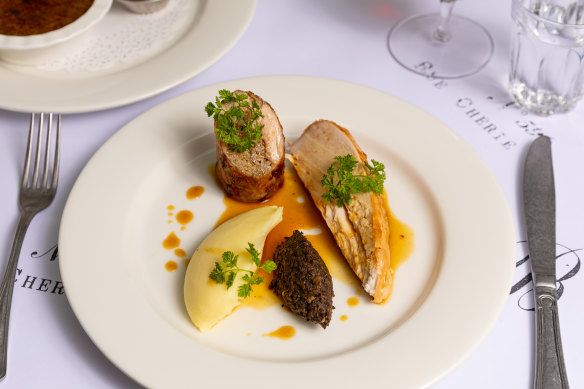 Bannockburn chicken is served two ways, with smooth mashed potato, chicken jus and quenelle of mushroom duxelles.