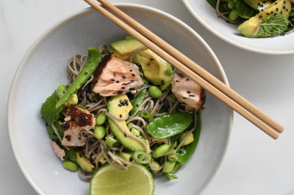 Miso salmon, soba noodle and avocado salad.