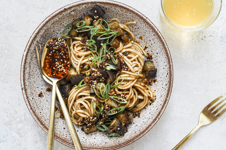 Miso eggplant noodles with crunchy chilli oil.