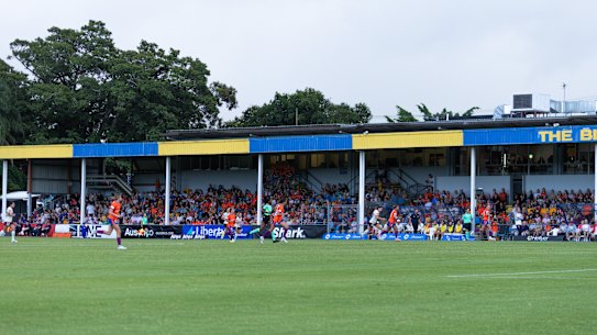 Perry Park’s 1960s-era grandstand packed to the rafters for a recent Brisbane Roar A-League Women match.