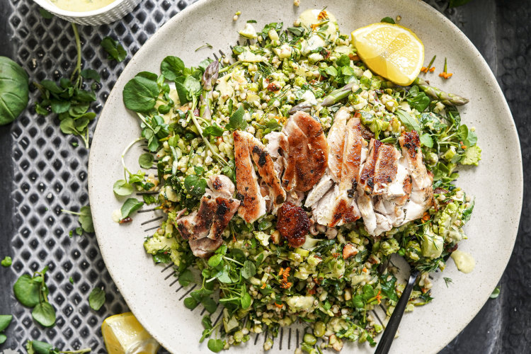 Grilled chicken with spring green tabbouleh and tarragon dressing.