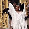 Cardi B accessorising with a crow at the Schiaparelli autumn/winter, 2025/2026 haute couture show in Paris.