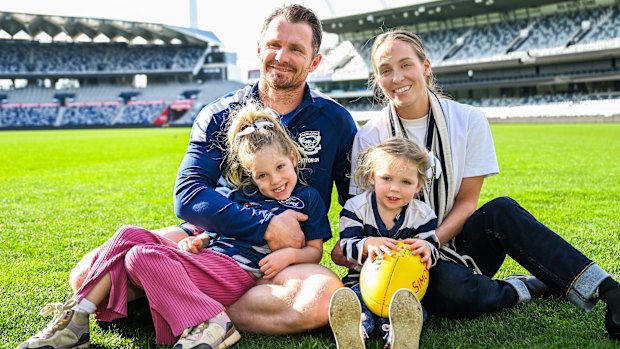 Patrick Dangerfield with wife Mardi and daughters Felicity (five) and Winnifred (one) ahead of his 350th game on Friday.